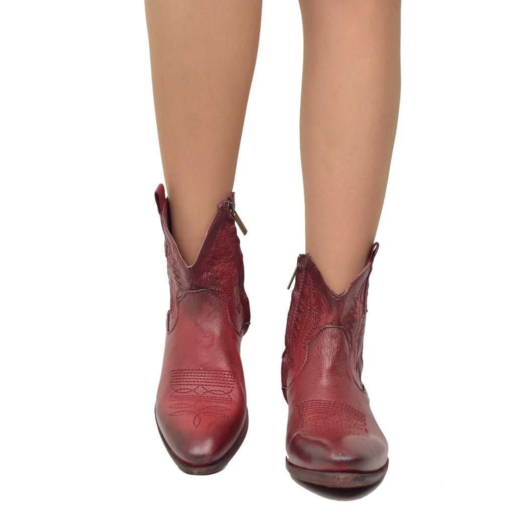 Women's Texan Ankle Boots in Vintage Bordeaux Leather Made in Italy - 3