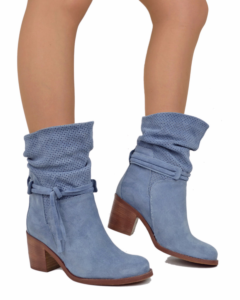 Weiche perforierte Stiefeletten – Sommer Wildleder-Booties – 7 cm Absatz – Jeansblau - 4