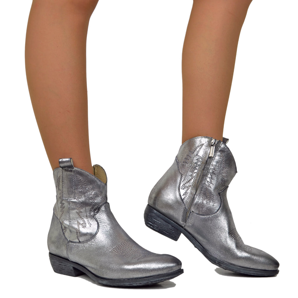 Women's Cowboy Boots in Genuine Silver Laminated Leather Made in Italy - 4