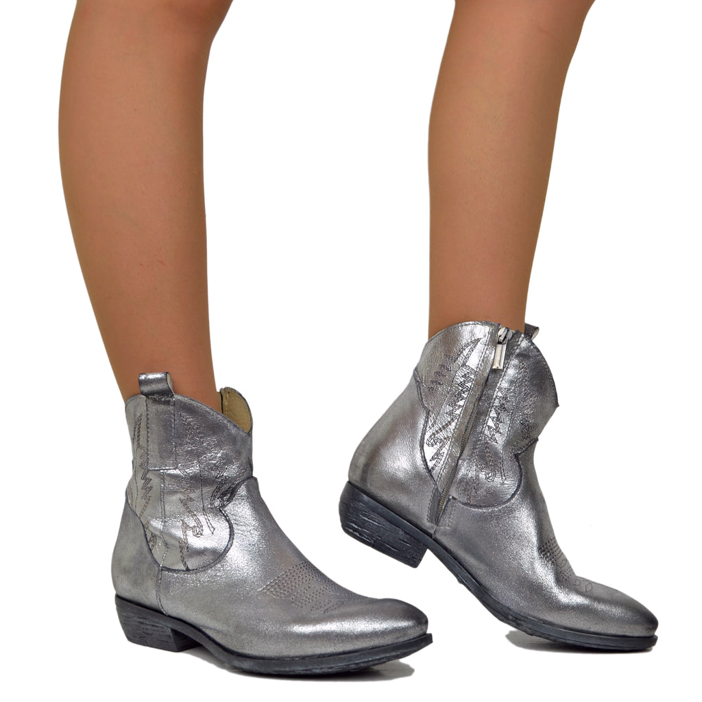 Damen-Cowboystiefel aus echtem silberfarbenem laminiertem Leder, hergestellt in Italien - 4