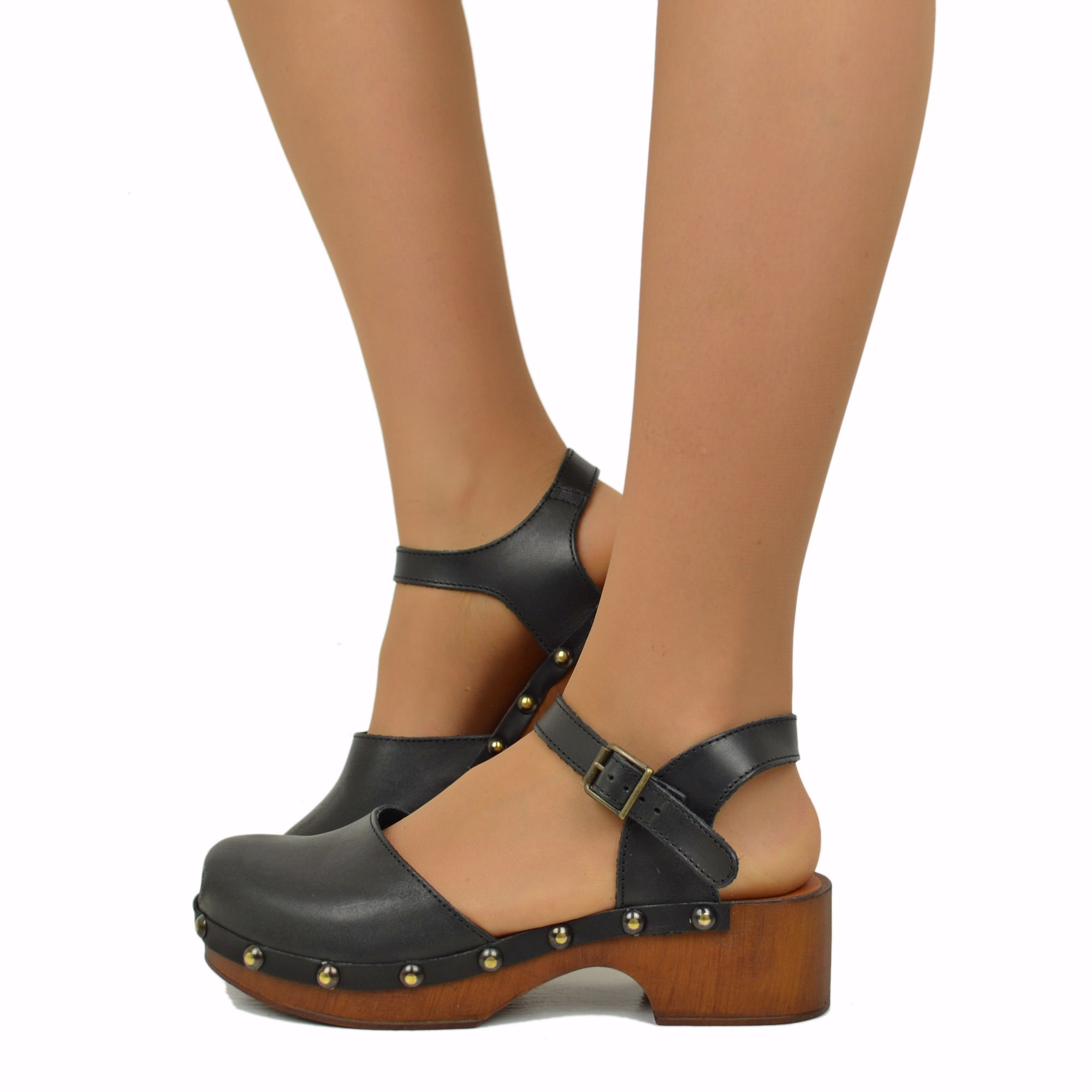 Black Leather Clog Sandals Low Heel Padded Insole