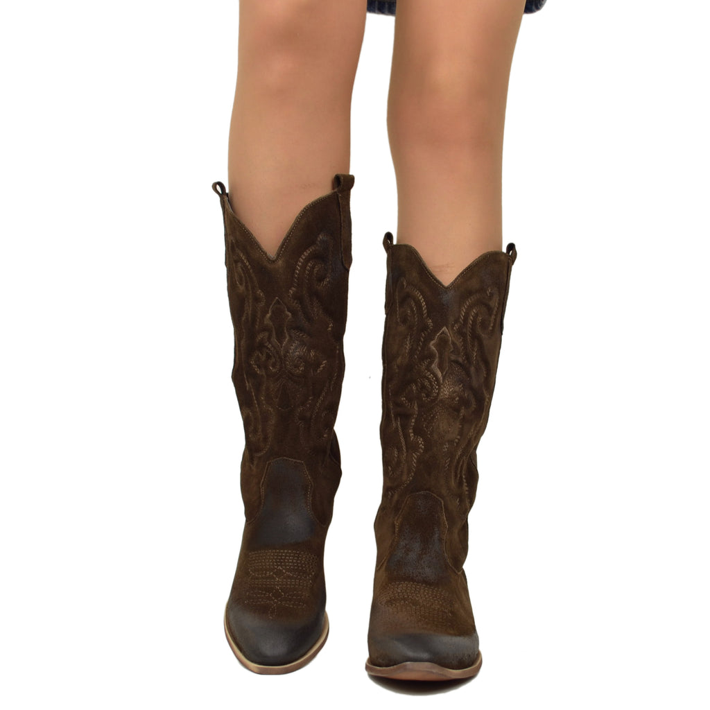 Brown Quilted Suede Texan Boots Heel 4 cm - 3