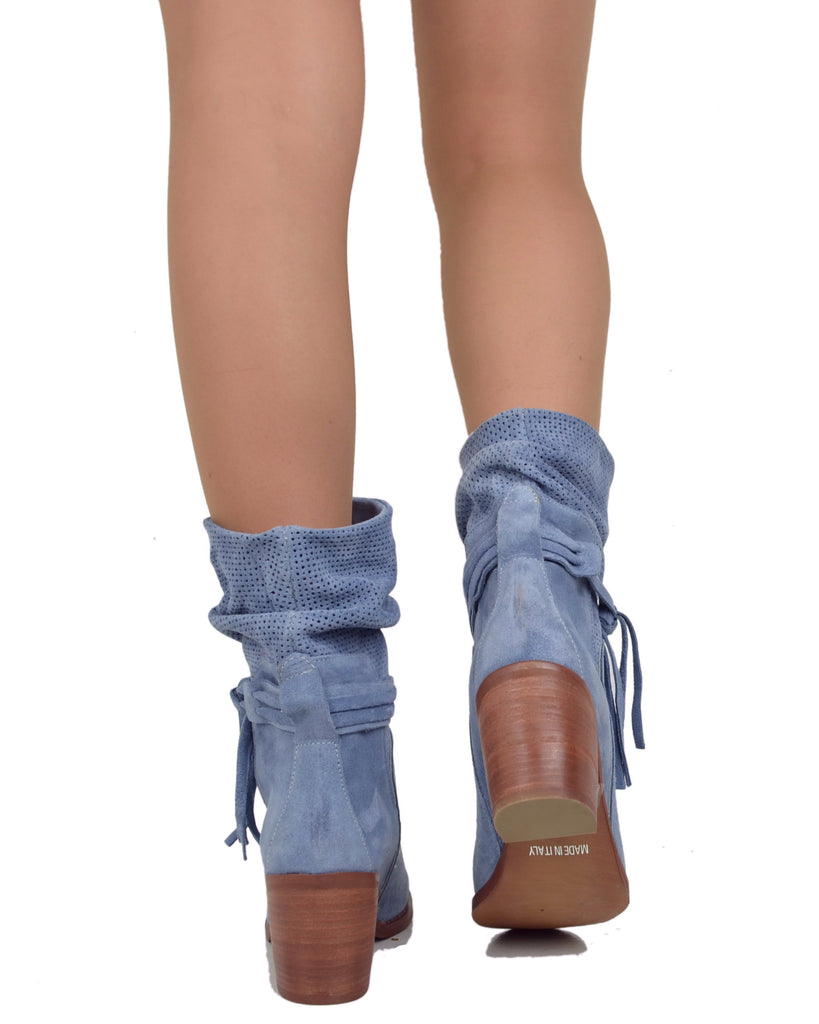 Weiche perforierte Stiefeletten – Sommer Wildleder-Booties – 7 cm Absatz – Jeansblau - 5
