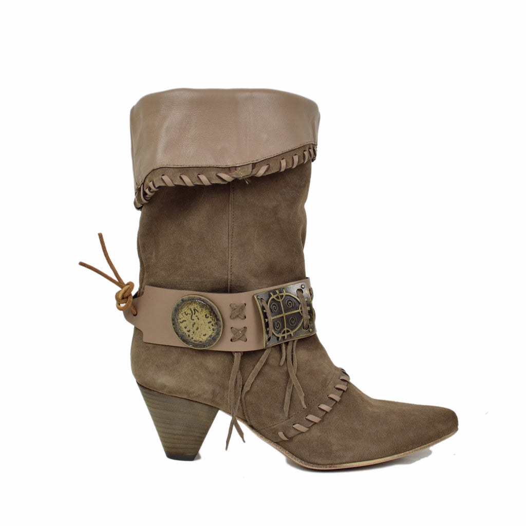 Cuffed Boots Galoshes Suede Cone Heel Taupe Musketeer - 2