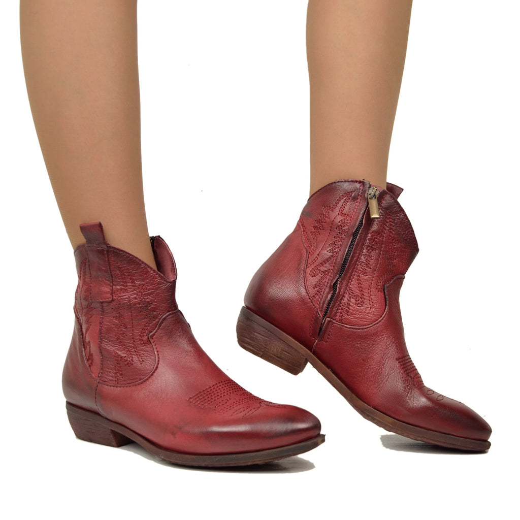 Women's Texan Ankle Boots in Vintage Bordeaux Leather Made in Italy - 4