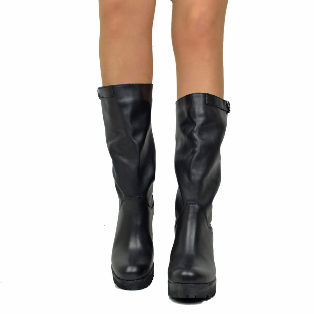Women's Black Leather Boots with Heel Made in Italy - 4