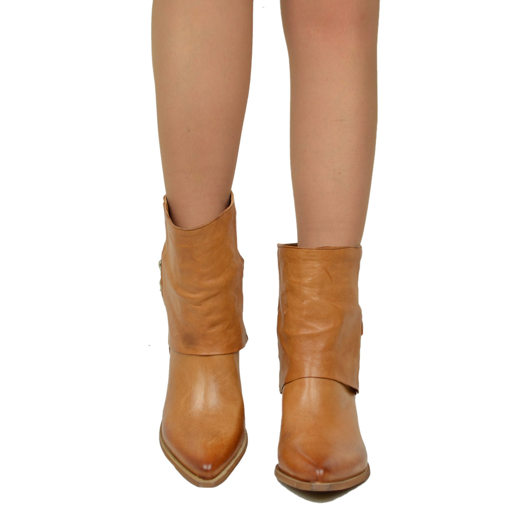Cowboy Ankle Boots with Gaiter Bold Leather Vintage Effect Cognac - 3