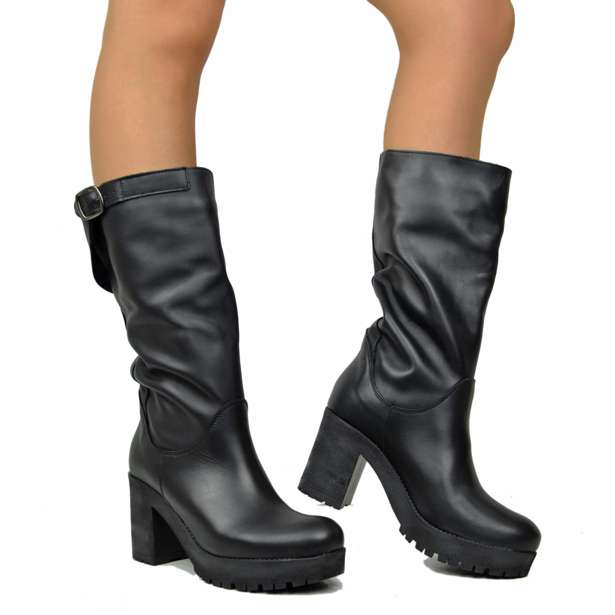 Stivali Alti Donna Pelle Tacco Basso Stringati - Ankle Boots Biker Militare Invernali Autunnali - Nero EU 34-40