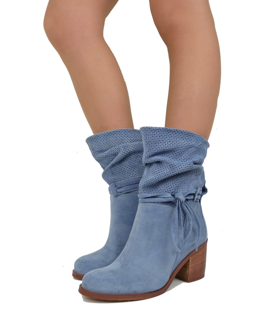 Weiche perforierte Stiefeletten – Sommer Wildleder-Booties – 7 cm Absatz – Jeansblau - 6