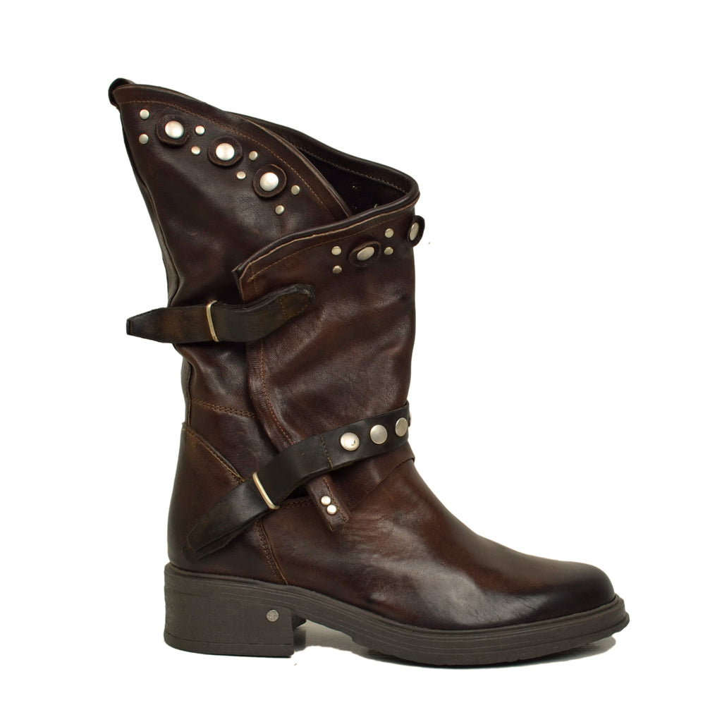 Women's Brown Leather Biker Boots with Studs and Zip Made in Italy - 2