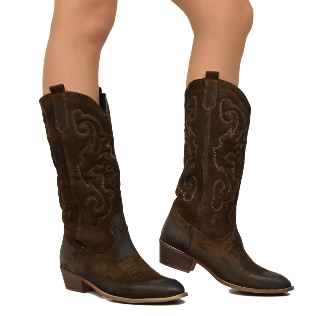 Brown Quilted Suede Texan Boots Heel 4 cm - 4