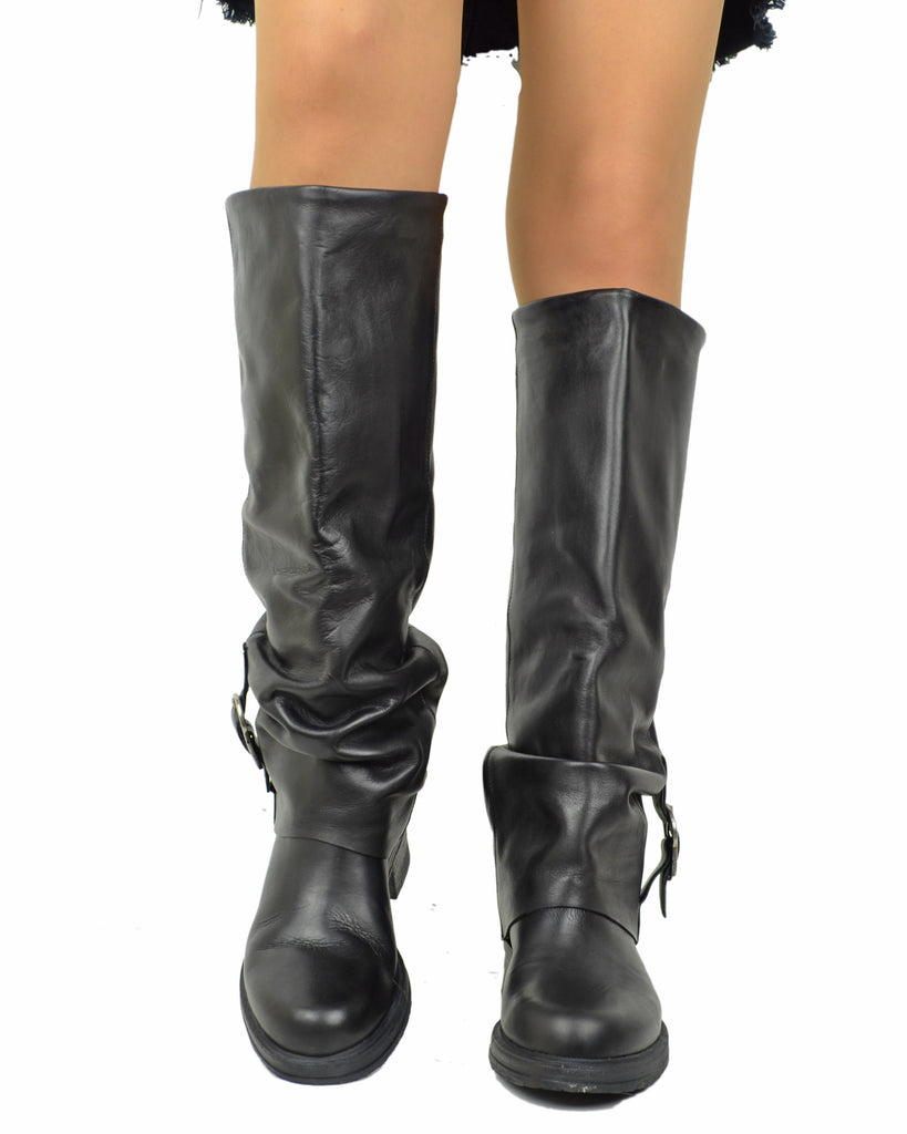 Stivali Biker Con Ghetta Fibbia Argento Vera Pelle Alti Moto KikkiLine - 3