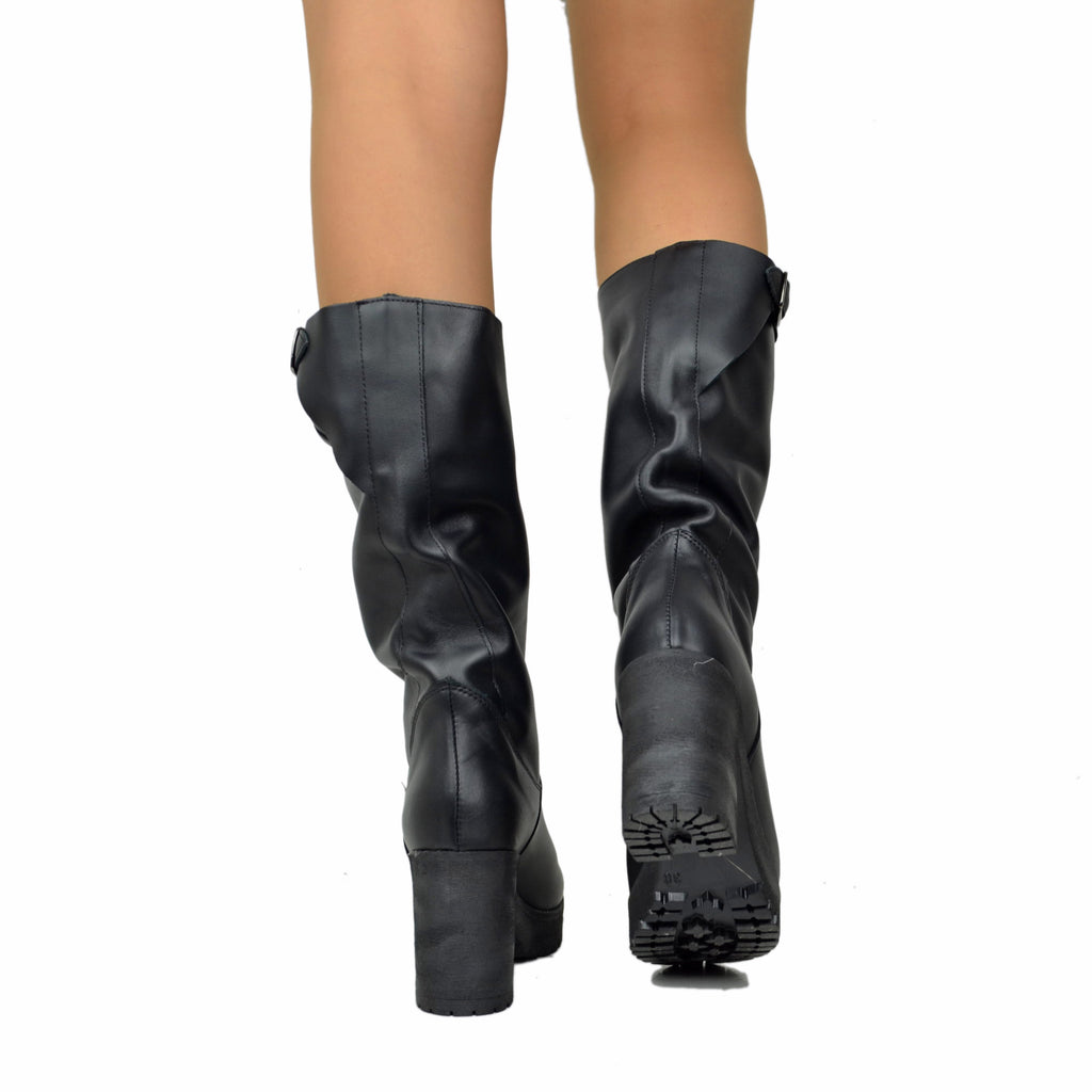 Women's Black Leather Boots with Heel Made in Italy - 3