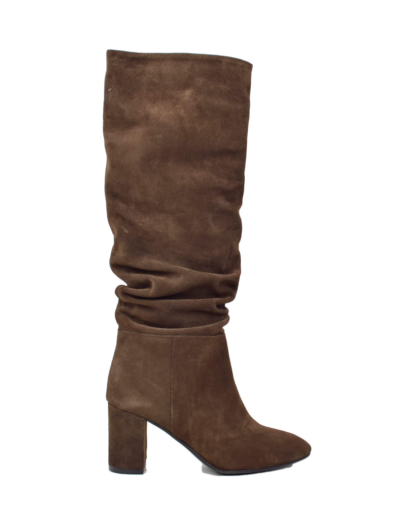Stivali Donna Plissettati Pelle Scamosciata Marrone Tacco 7,5 cm - 4