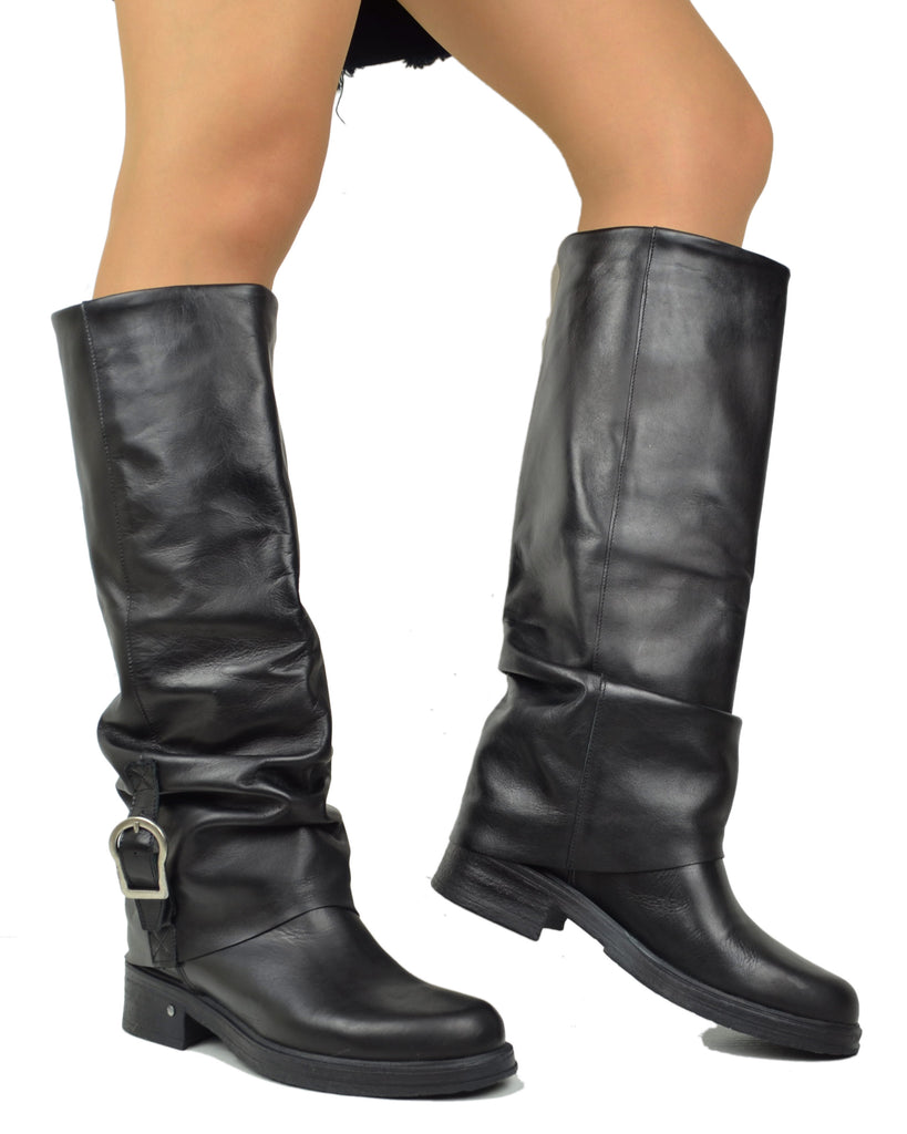 Stivali Biker Con Ghetta Fibbia Argento Vera Pelle Alti Moto KikkiLine - 4