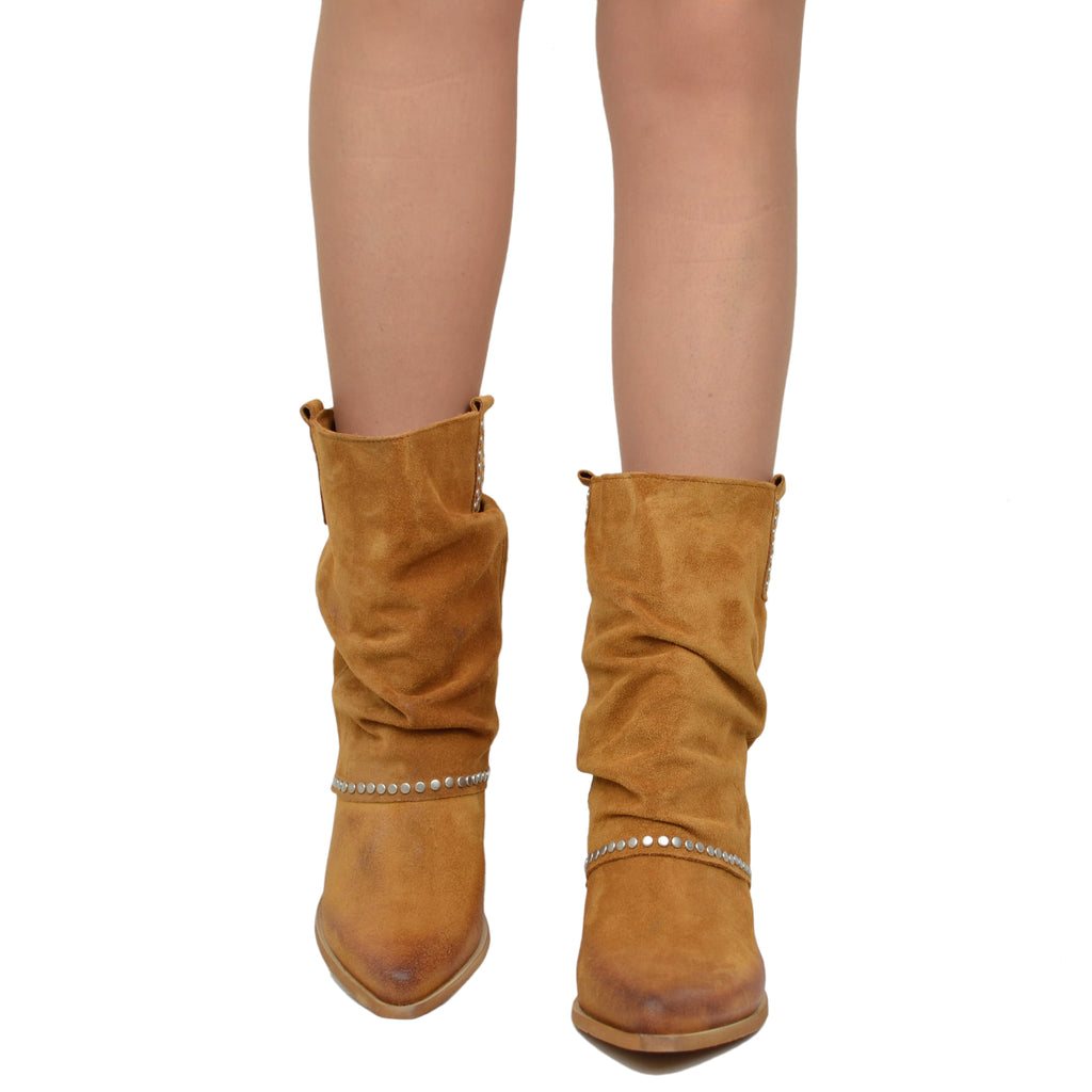 Women's Texan Boots in Leather Suede with Studs - 4