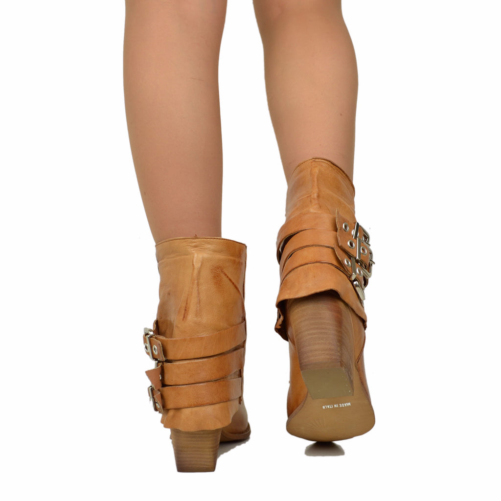Cowboy Ankle Boots with Gaiter Bold Leather Vintage Effect Cognac - 5