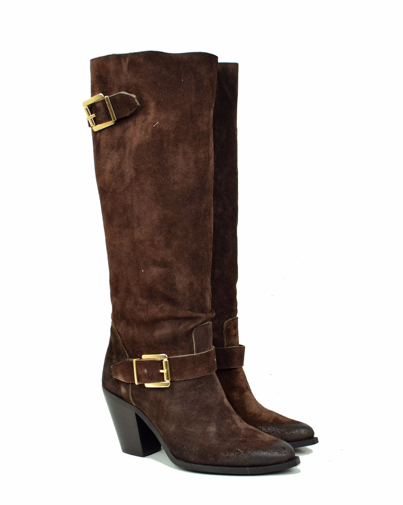 Stivali Texani Alti Marroni con Fibbia in Pelle Scamosciata Made in Italy - 4