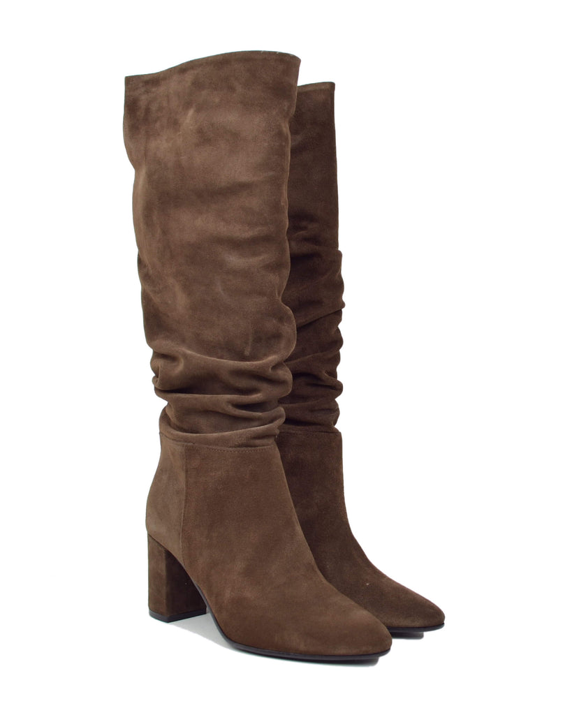 Stivali Donna Plissettati Pelle Scamosciata Marrone Tacco 7,5 cm - 2