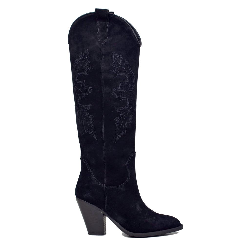 Black Suede Tall Cowboy Boots with Stitching - 2