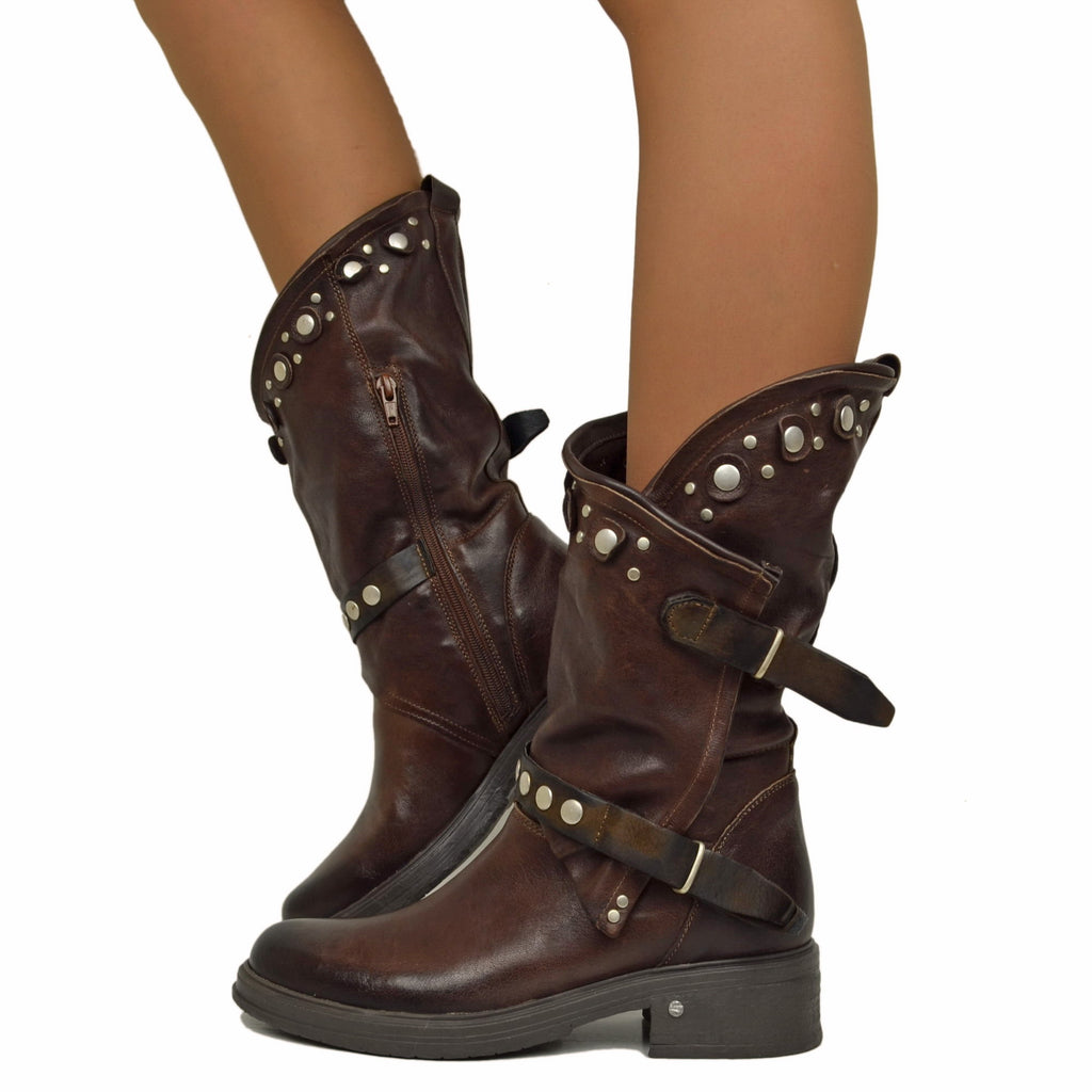 Women's Brown Leather Biker Boots with Studs and Zip Made in Italy