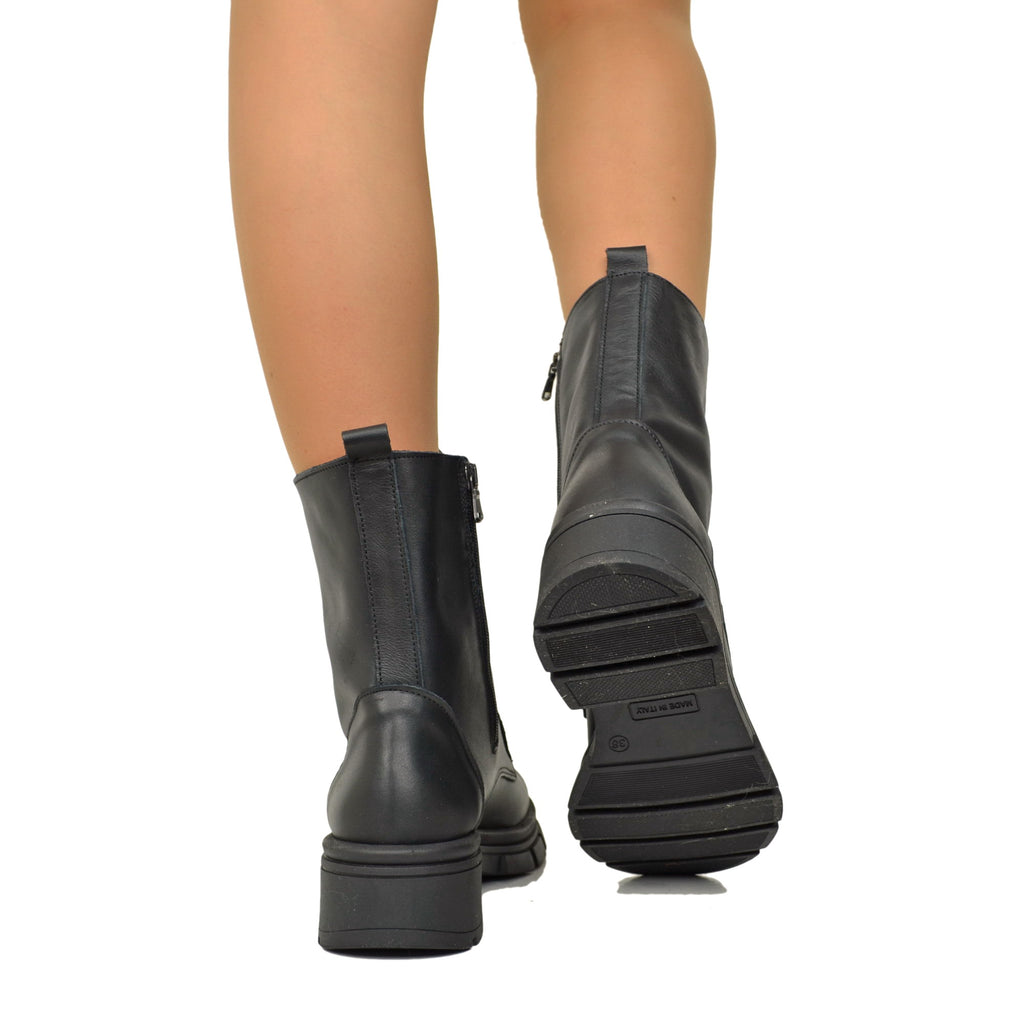Stivaletti Donna Biker Stringati in Pelle Neri con Lacci - 5