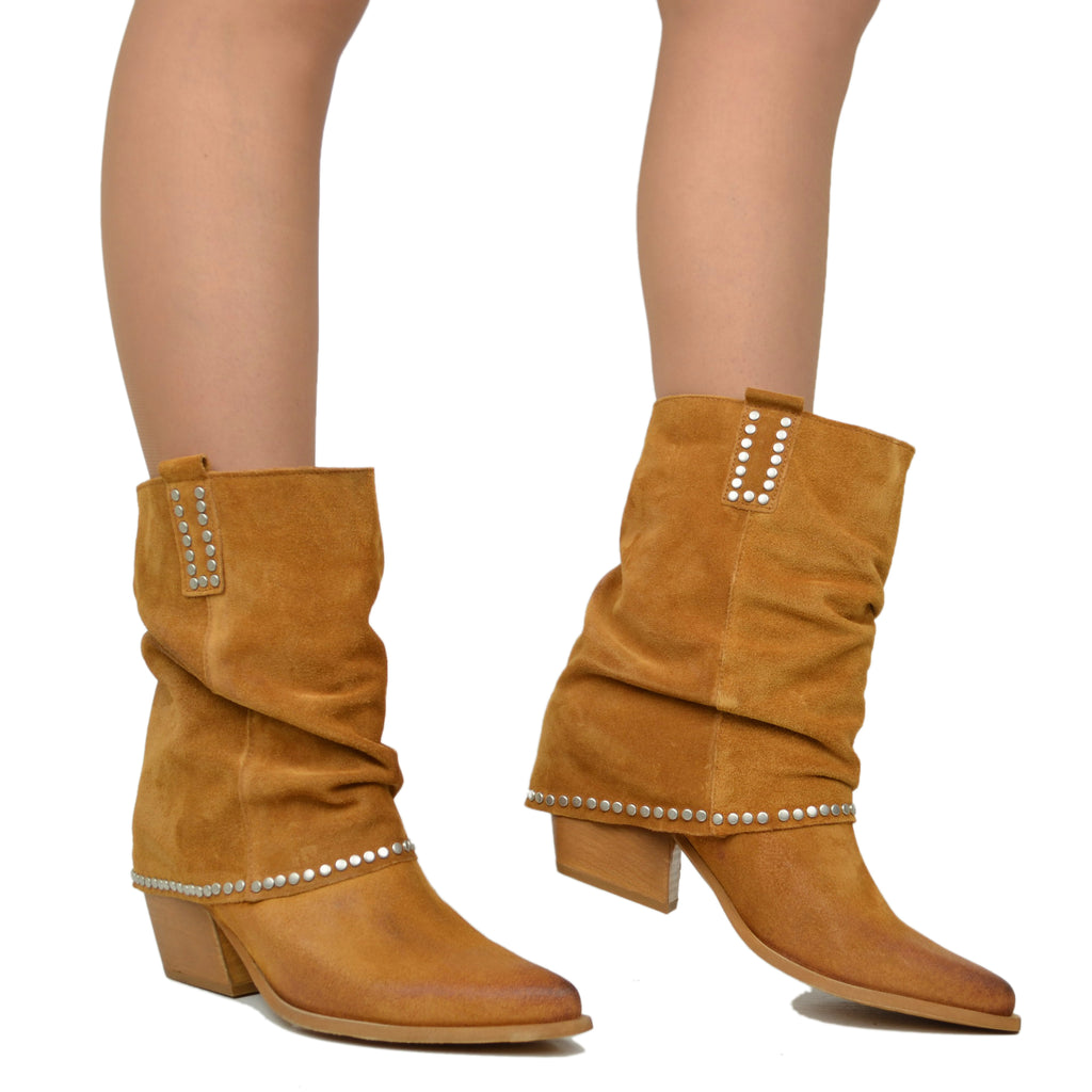 Women's Texan Boots in Leather Suede with Studs - 5
