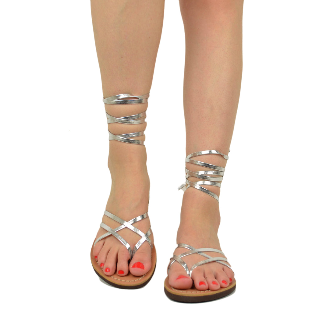 Sandali Infradito Argento alla Schiava Gladiatore Suoletta Cuoio by Kikkiline - 3