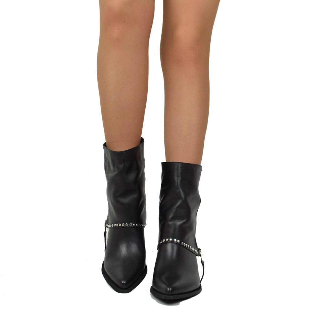 Western Boots with Studded Gaiter, Ankle Zip, Genuine Leather, Handcrafted, Black - 4