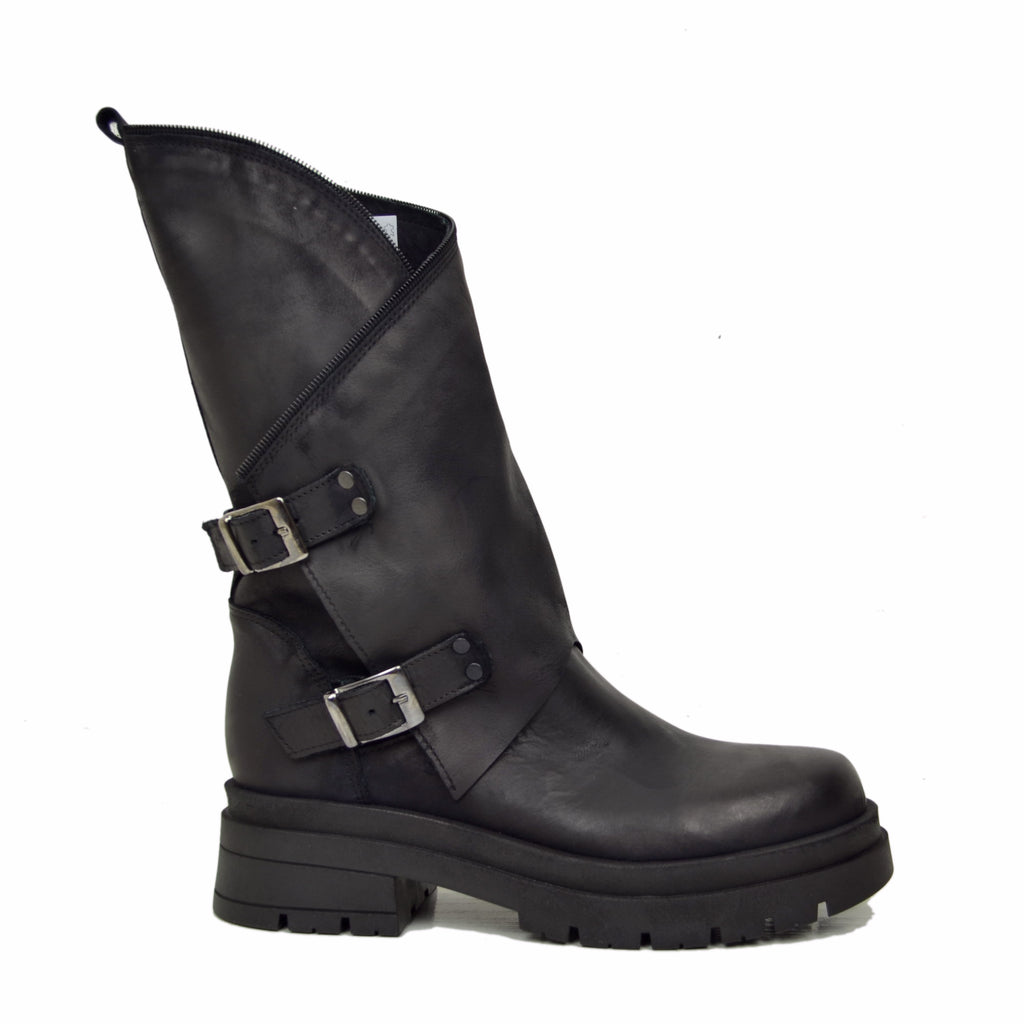 Women's Black Biker Boots with Buckles and Side Zip Made in Italy - 2