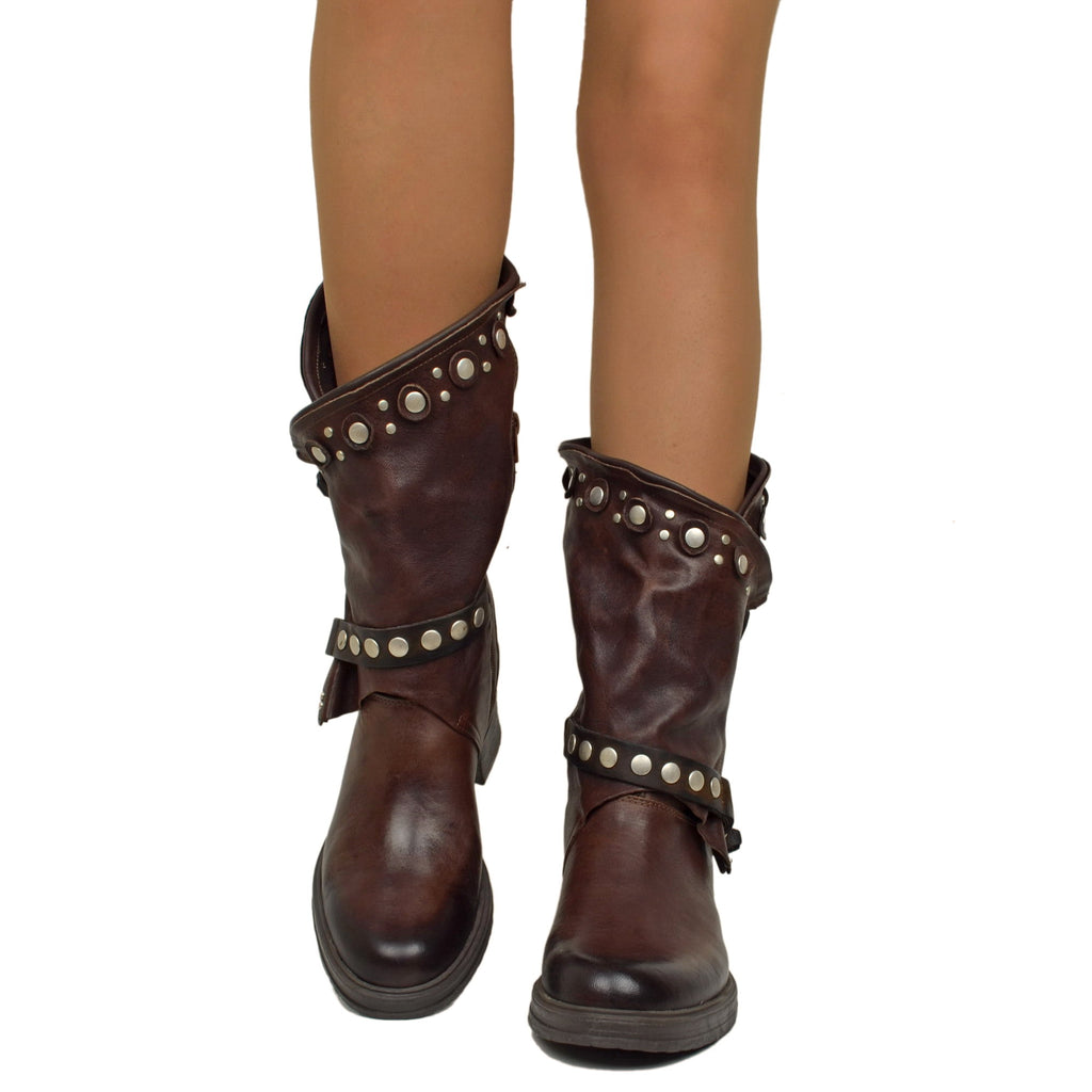 Women's Brown Leather Biker Boots with Studs and Zip Made in Italy - 3
