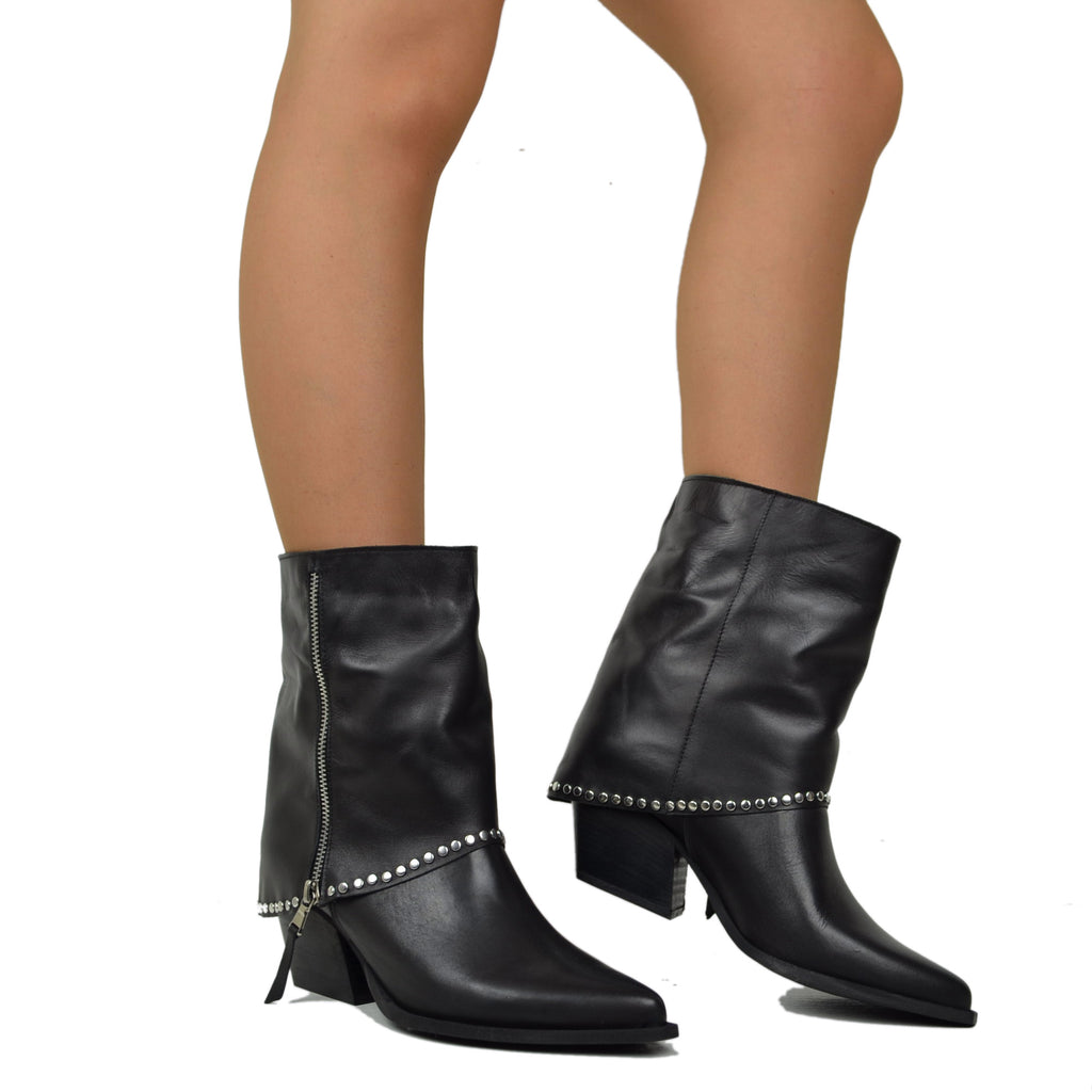 Western Boots with Studded Gaiter, Ankle Zip, Genuine Leather, Handcrafted, Black - 5