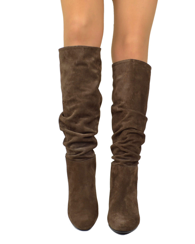 Stivali Donna Plissettati Pelle Scamosciata Marrone Tacco 7,5 cm - 5