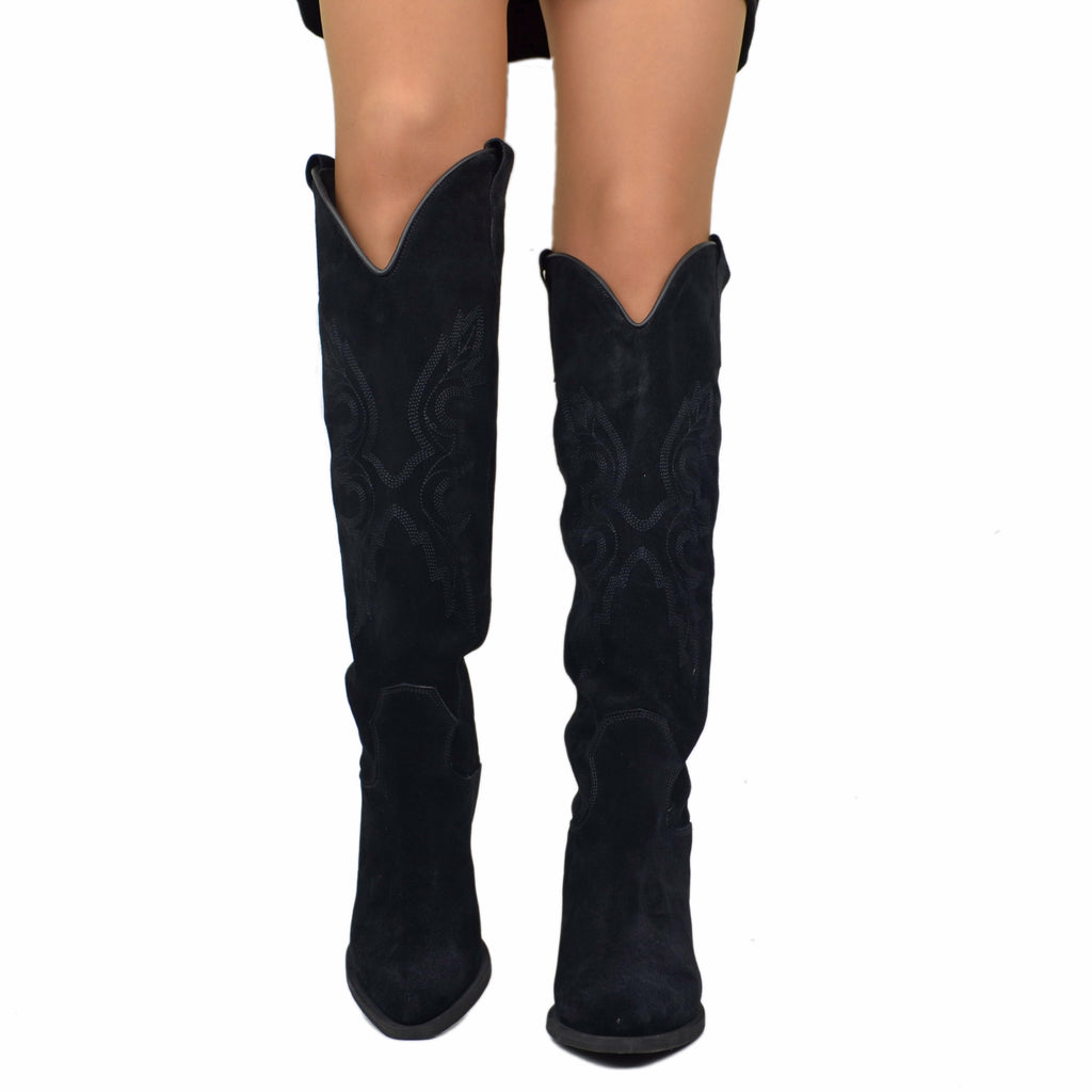 Black Suede Tall Cowboy Boots with Stitching - 4