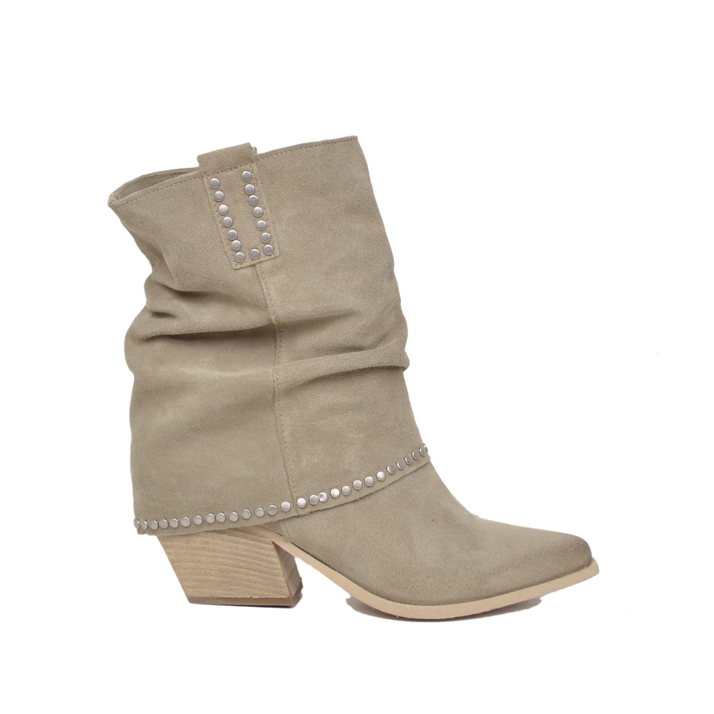 Stivaletti Texani Donna in Pelle Scamosciata Beige con Borchie - 3