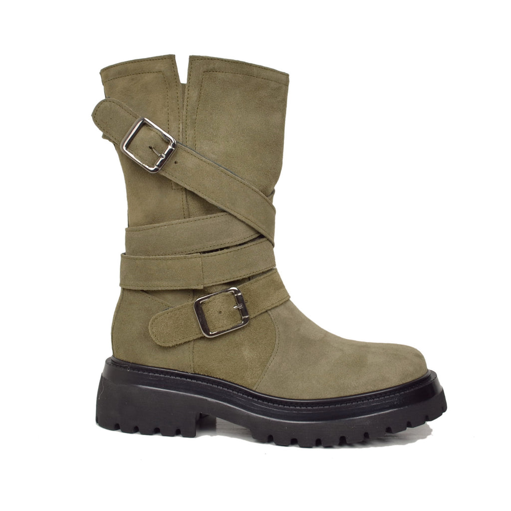 Biker Boots Donna in Pelle Scamosciata Taupe Made in Italy con Fibbie - 2
