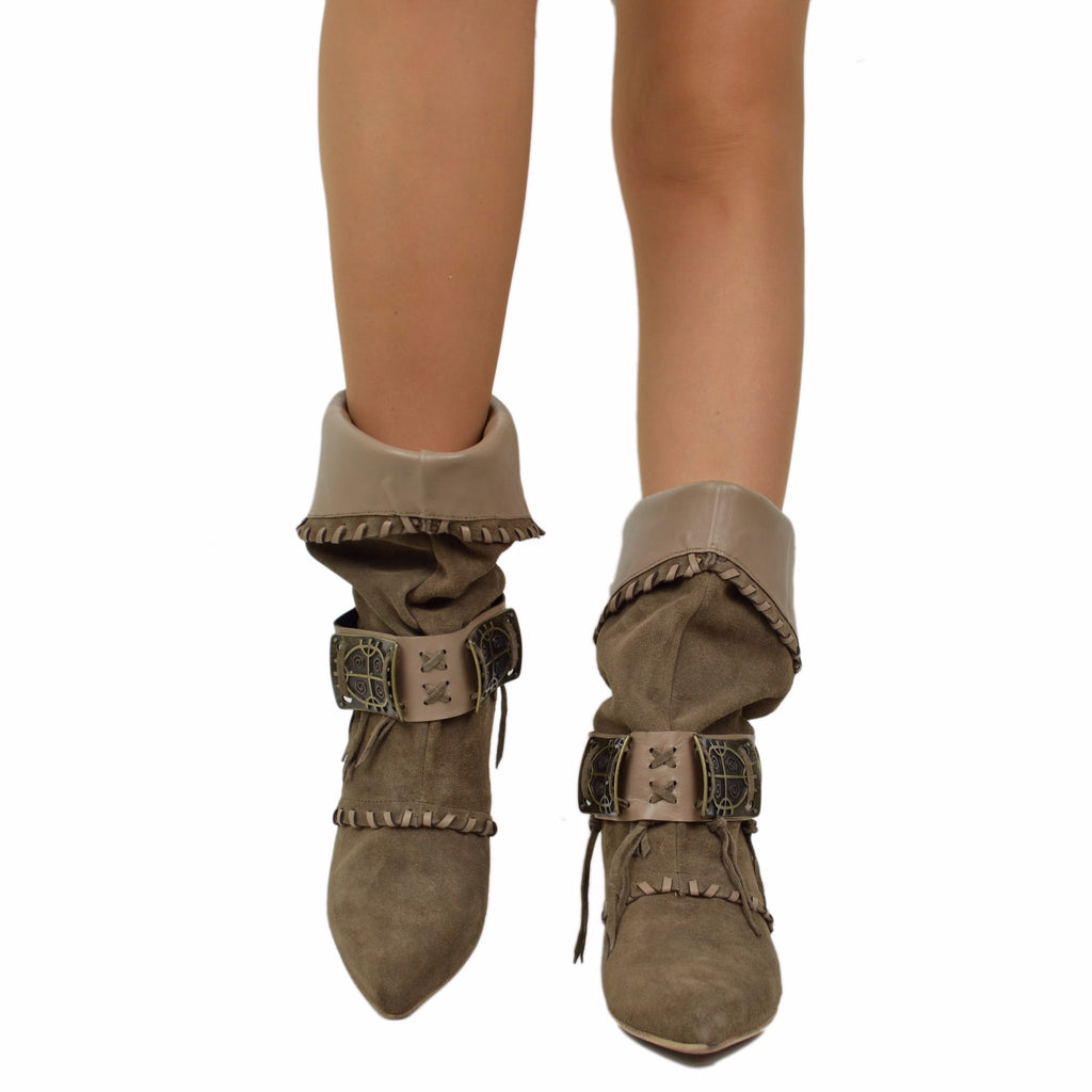 Cuffed Boots Galoshes Suede Cone Heel Taupe Musketeer - 3