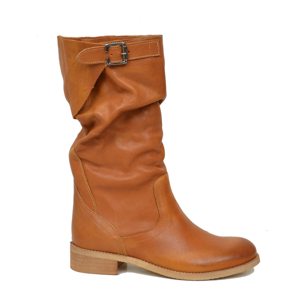 Mid-Calf Biker Boots with Buckle in Vintage Tan Leather - 2