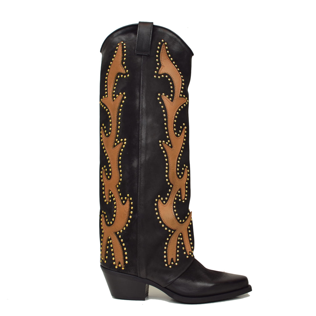 High Texans with Gold Studs and Leather Trim Nubuck Leather Western Boots - 3