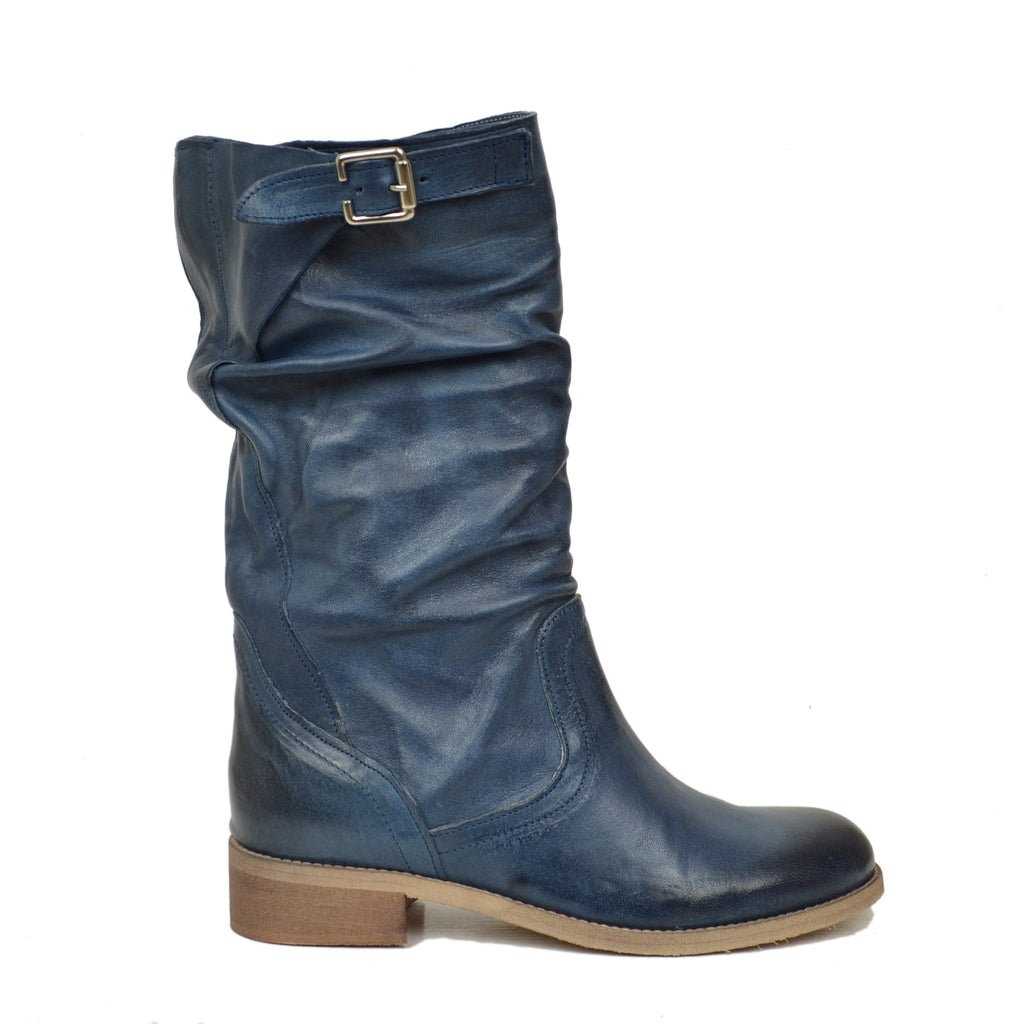 Mid-Calf Biker Boots with Buckle in Vintage Blue Leather - 2