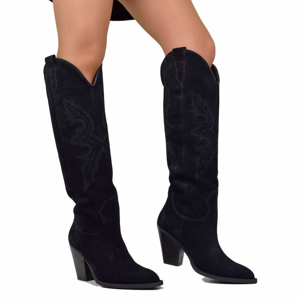 Black Suede Tall Cowboy Boots with Stitching - 5