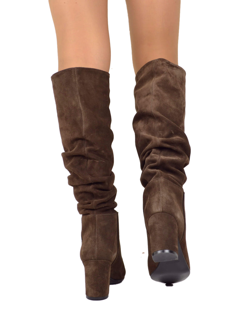 Stivali Donna Plissettati Pelle Scamosciata Marrone Tacco 7,5 cm - 3