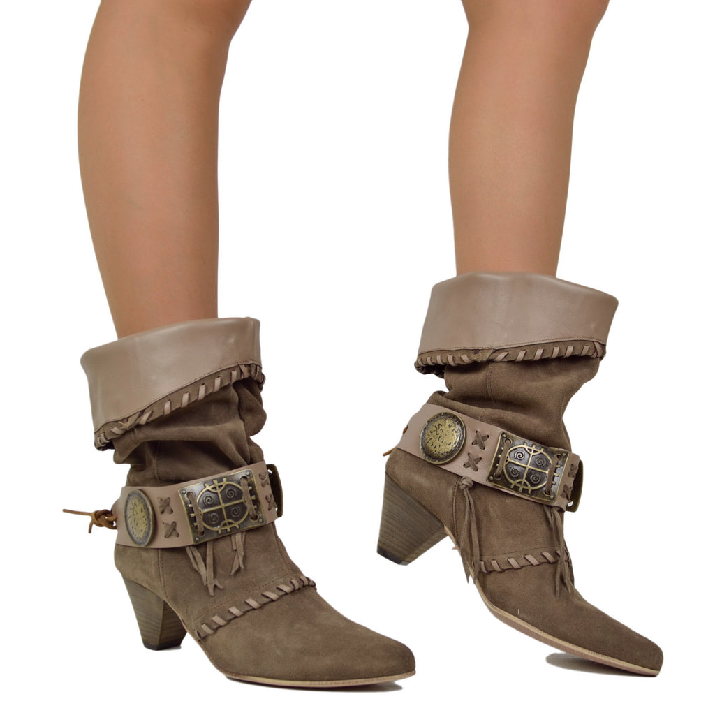 Cuffed Boots Galoshes Suede Cone Heel Taupe Musketeer - 4