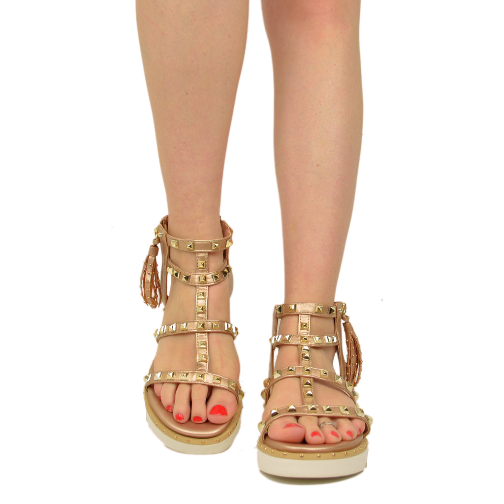 Sandali Platform con Borchie Dorare Oro Rosa Similpelle - 3