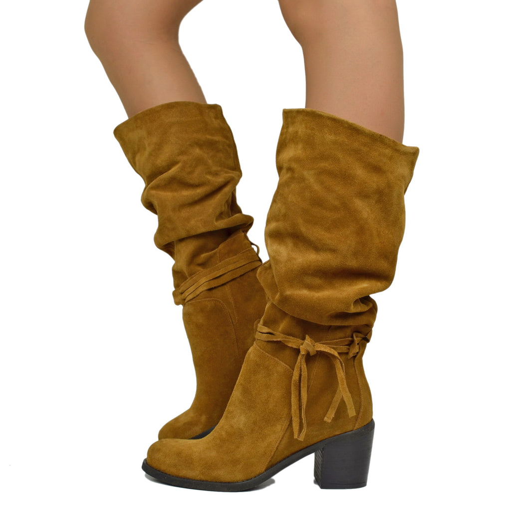 Medium Height Boots Tapered Leg and Pleated Leather