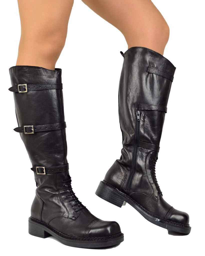 Stivali Biker Alti con Lacci Punta Quadrata Vera Pelle Coda di Rondine - 6