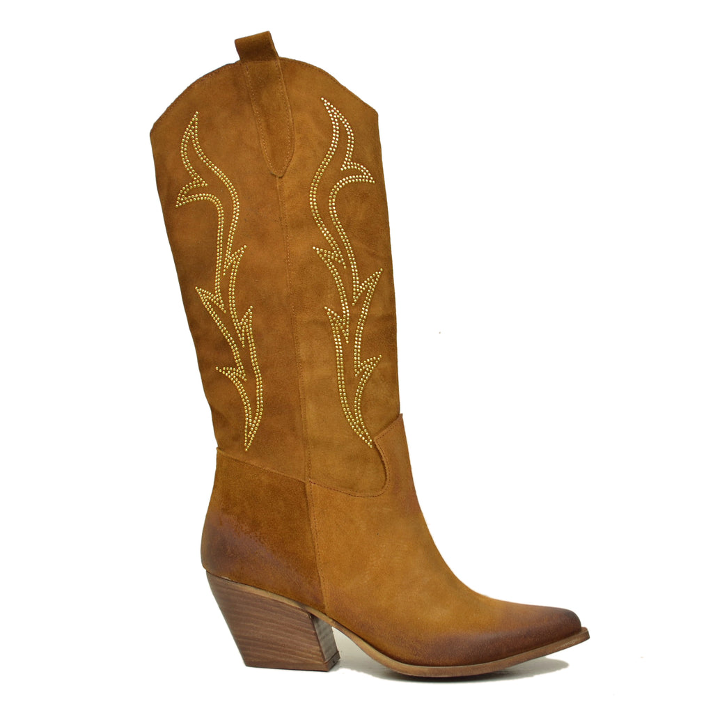 Cowboy Boots Suede Leather with Rhinestones in Genuine Leather Heel 7 cm - 2