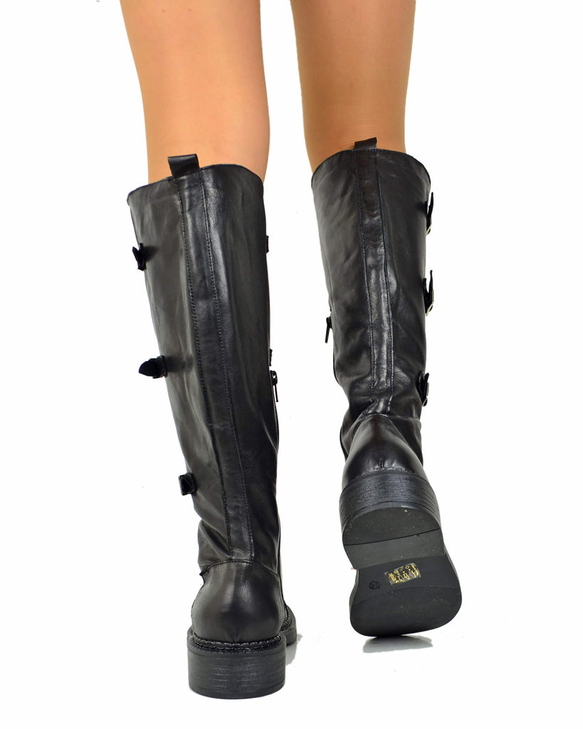 Stivali Biker Alti con Lacci Punta Quadrata Vera Pelle Coda di Rondine - 3