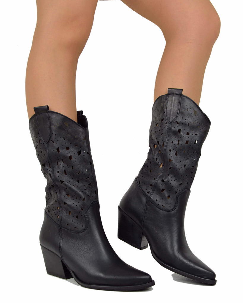 Sommer Westernstiefel – Lochmuster, 7 cm Absatz, Schwarz - 5