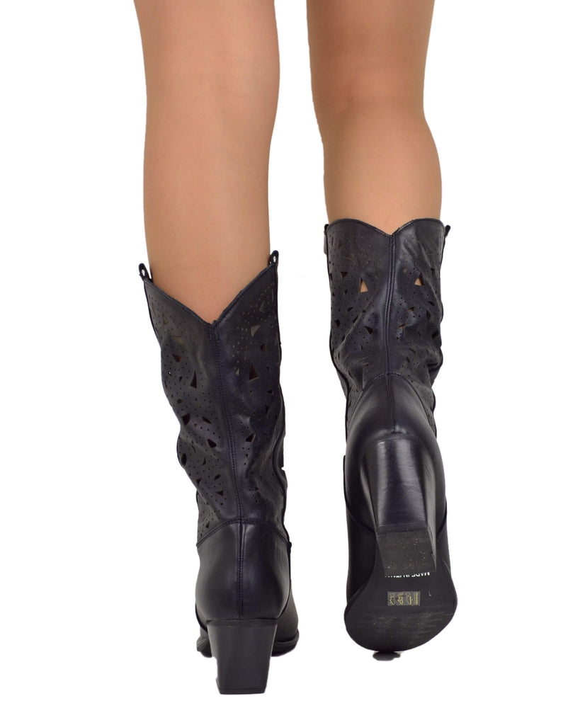 Sommer Westernstiefel – Lochmuster, 7 cm Absatz, Schwarz - 6